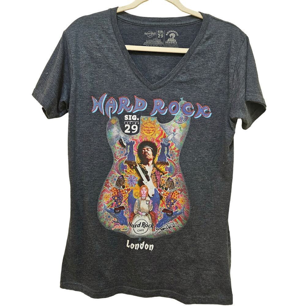 Hardrock Cafe London SzL. SIG29. Jimi Hendrix Rare T shirt. V neck. Gray. Guitar